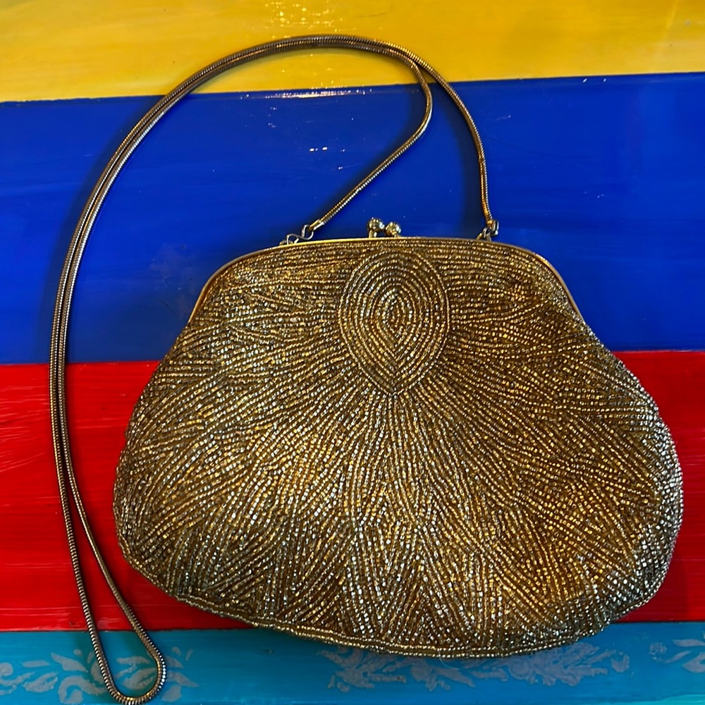 Vintage 70s 80s gold Cadaz seed bead purse clutch Gatsby 20s deco